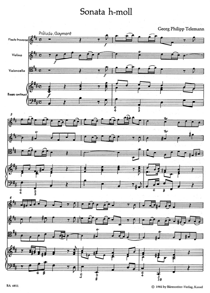 Sonate H-Moll Für Flöte, Violine, Violoncello (Viola Da Gamba) Und Basso Continuo (TELEMANN GEORG PHILIPP)