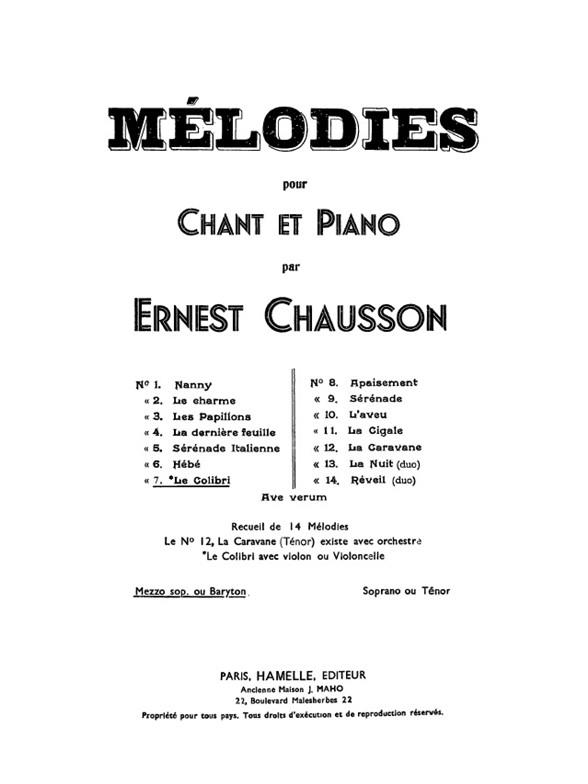 14 Melodies N07:Le Colibri Chant Mezzo-Soprano Ou Barytonpno (CHAUSSON ERNEST)