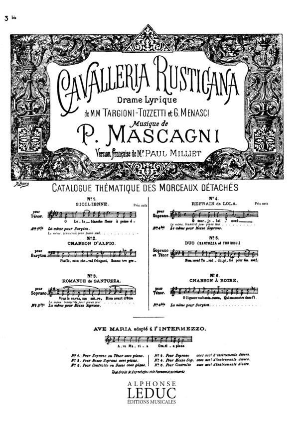 Cavalleria Rusticana Air N03 Bis Romance De Santuzza Mezzo-Sopr. Et Piano (MASCAGNI PIETRO)