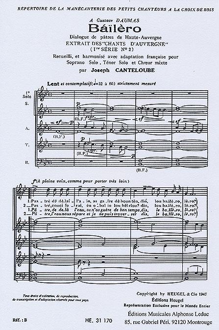 Chants D'Auvergne-1Ere Serie N02 Bailero-Soprano/Tenor Solo Et Choeur Mixte (CANTELOUBE JOSEPH)