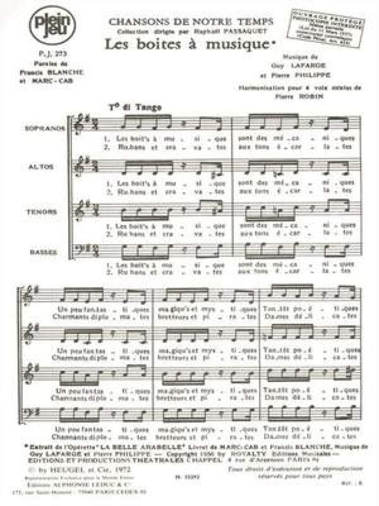 Chansons De Notre Temps/Pj273 Les Boites A Musique/4 Voix Mixtes (LAFARGE GUY / PHILIPPE)