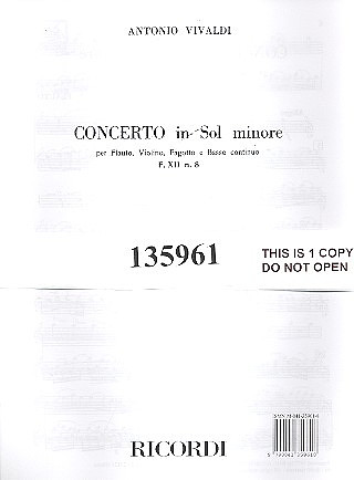 Conc. Per Strum. Diversi E B.C.: In Sol Min Per Fl., Vl. E Fg. Rv 106 - F.XII/8 (VIVALDI ANTONIO)