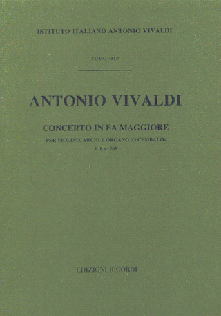 Concerto Per Vl., Archi E B.C.: In Fa Op. VIi L.II N.4 - Rv 294A - F.I/205 Tomo 451 (VIVALDI ANTONIO)