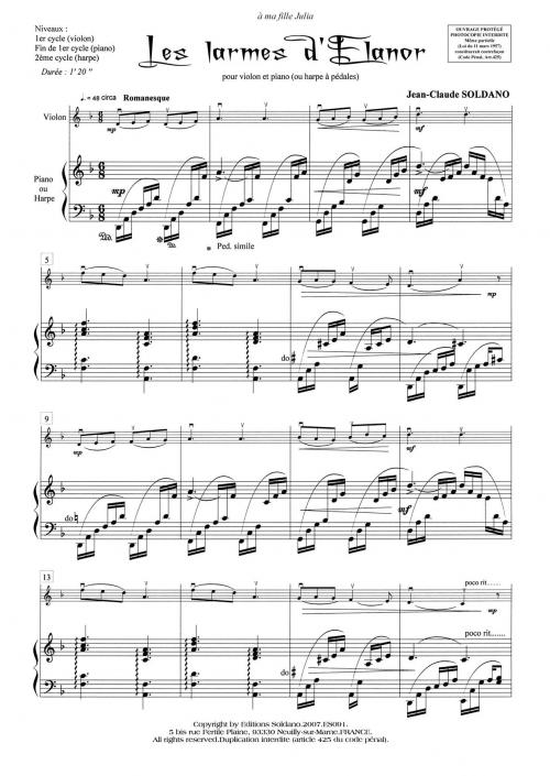 Les Larmes D'Elanor (Violon Et Piano Ou Harpe)