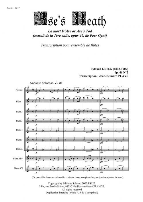 La Mort D'Ase (Extrait Peer Gynt) (Ensemble De Flûtes [Piccolo, 6Xut, Alto, Basse])
