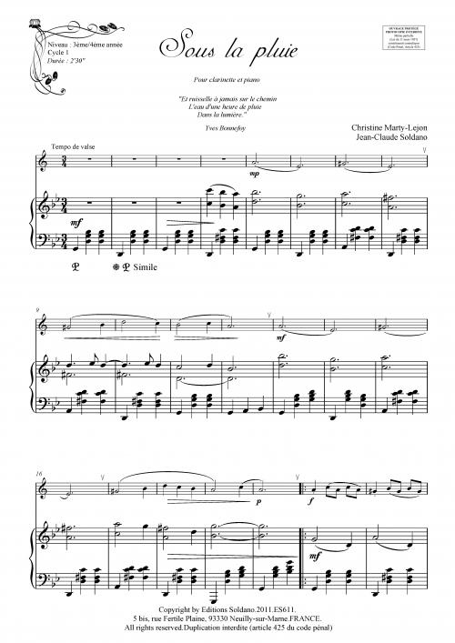 Sous La Pluie (Clarinette Et Piano) (MARTY-LEJON CHRISTINE / SOLDANO J)