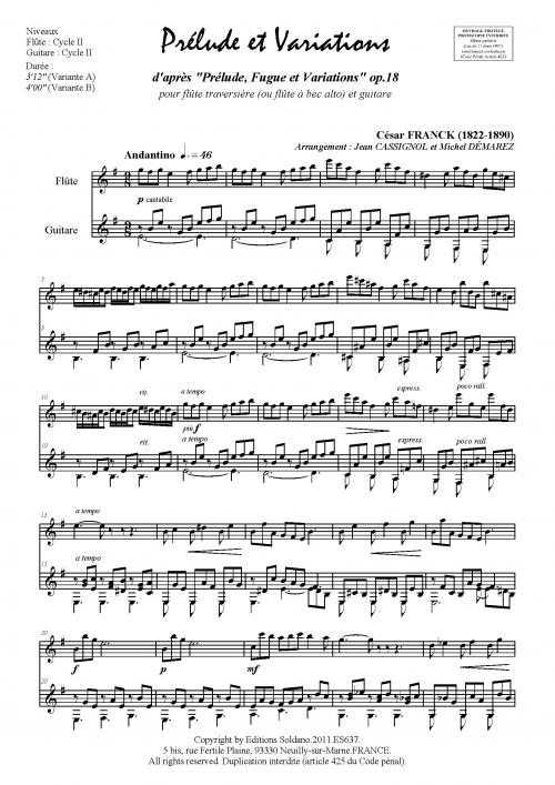 Prélude Et Variations (D'Aprèsprélude, Fugue Et Variations, Op. 18) Flûte Et Guitare
